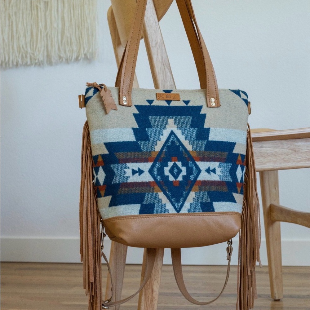 Fringe Tote Bag with Aztec Navy & Tan Pattern